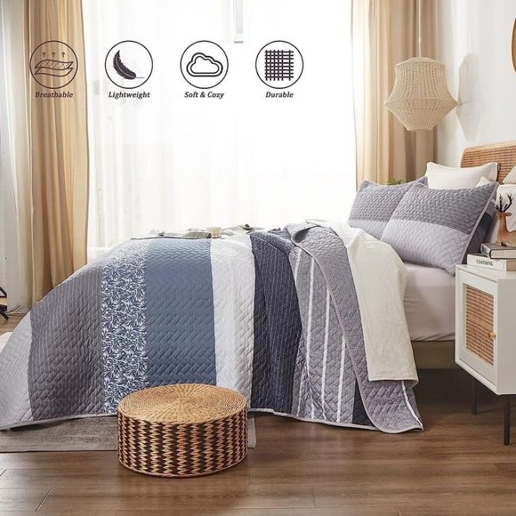 New Boho Blue & Grey 3 PC Bedding 100% Polyester Quilt Set • Reversible • KING - Picture 6 of 8